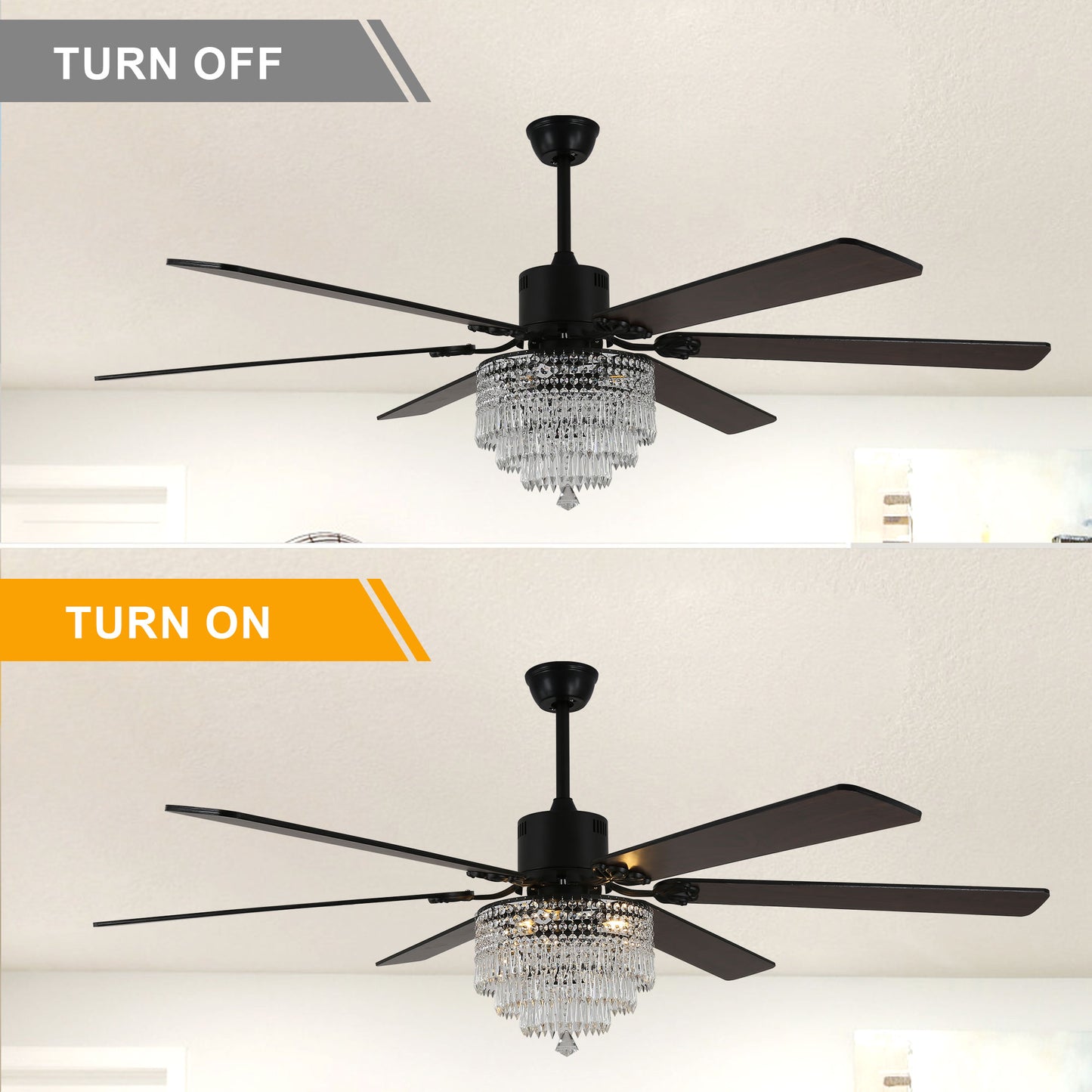 DC6502-65" Black/Silver Finish Metal Crystal Wooden Reversible Ceiling Fan with Remote and 3 Lights, Large Size Ceiling Fan