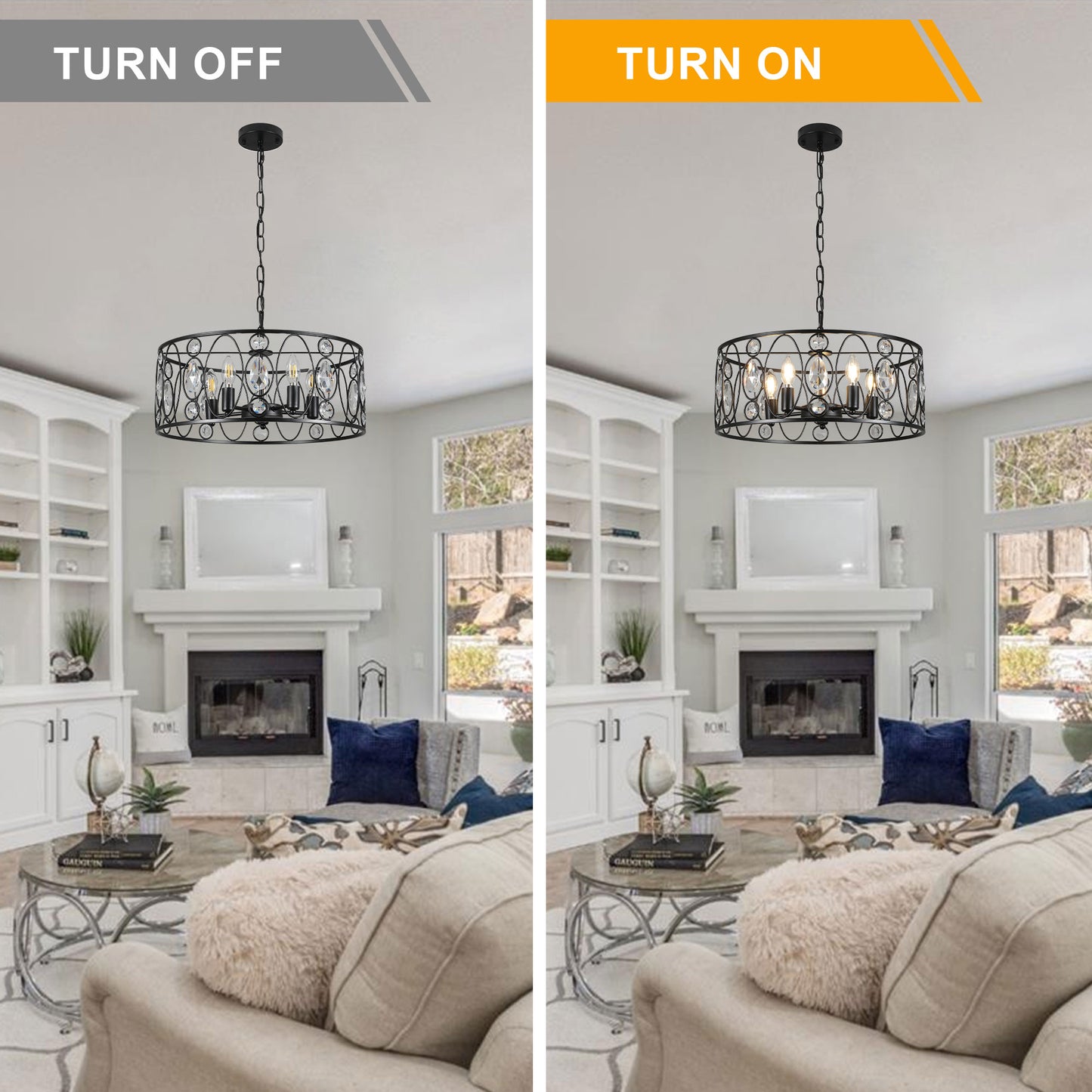 FC4086-5 Lights Black/Silver Finish Glamorous Crystal Geometric Chandelier, Height Adjustable Iron Pendant Light