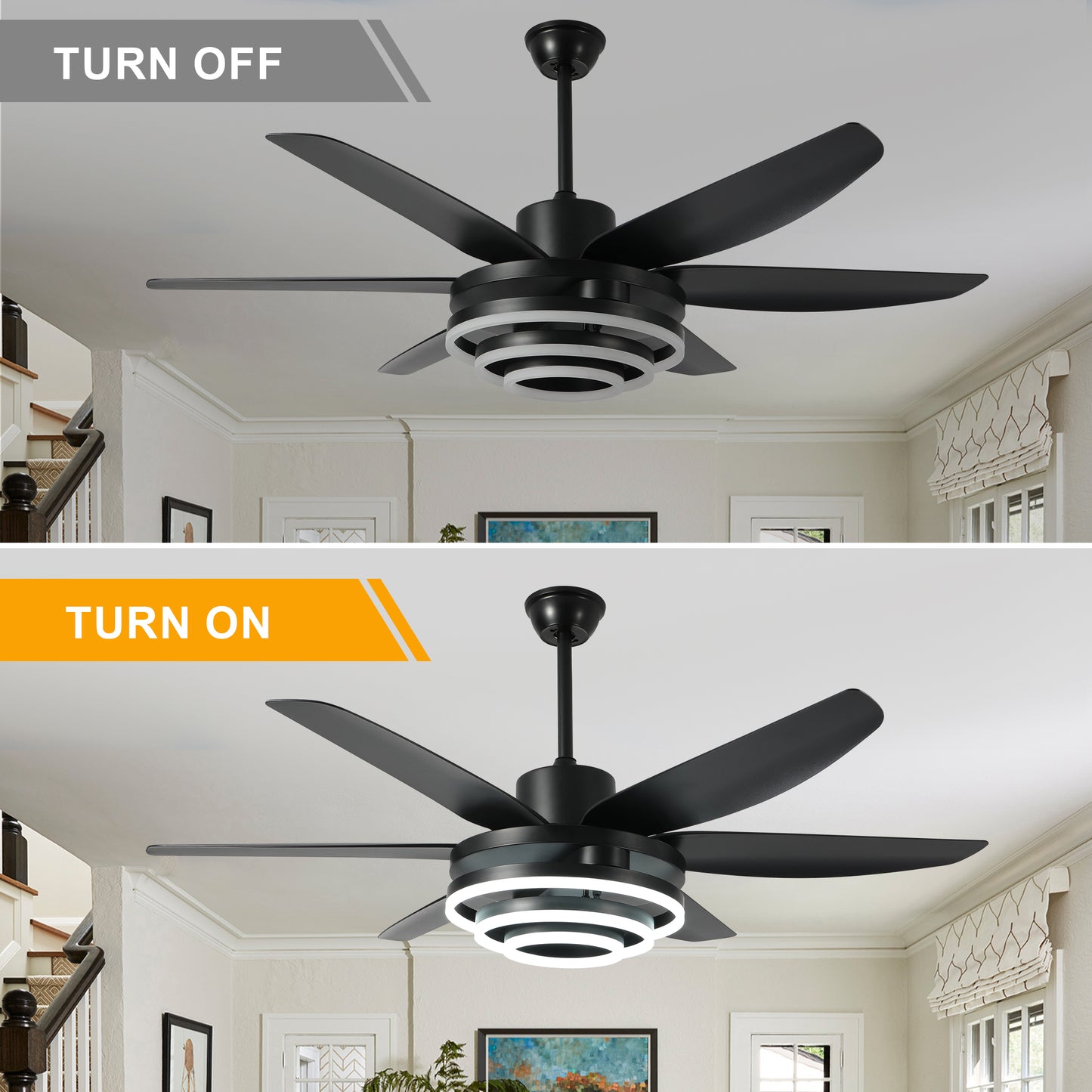 GED5614-BellaDepot 56" Modern Contemporary Black LED Ceiling Fan, 6 Speeds Ceiling Fan with Light Remote Control for All Seasons