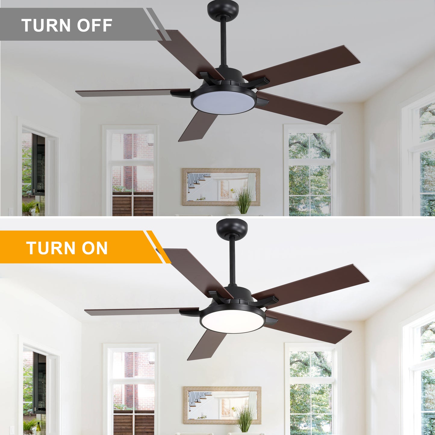 HWJ5220/5221/5222-52" 5 Wooden Blades Industrial Caged Reversible Ceiling Fan with Remote and LED Lights, Large Size 6-speed Ceiling Fan