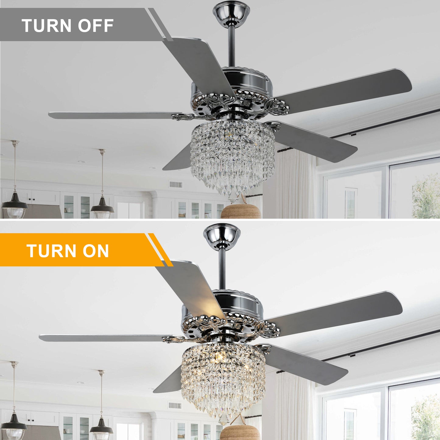 DC2017-BellaDepot 52" Luxury Crystal Chandelier Ceiling Fan with Remote and 3 Lights, Large Size Ceiling Fan