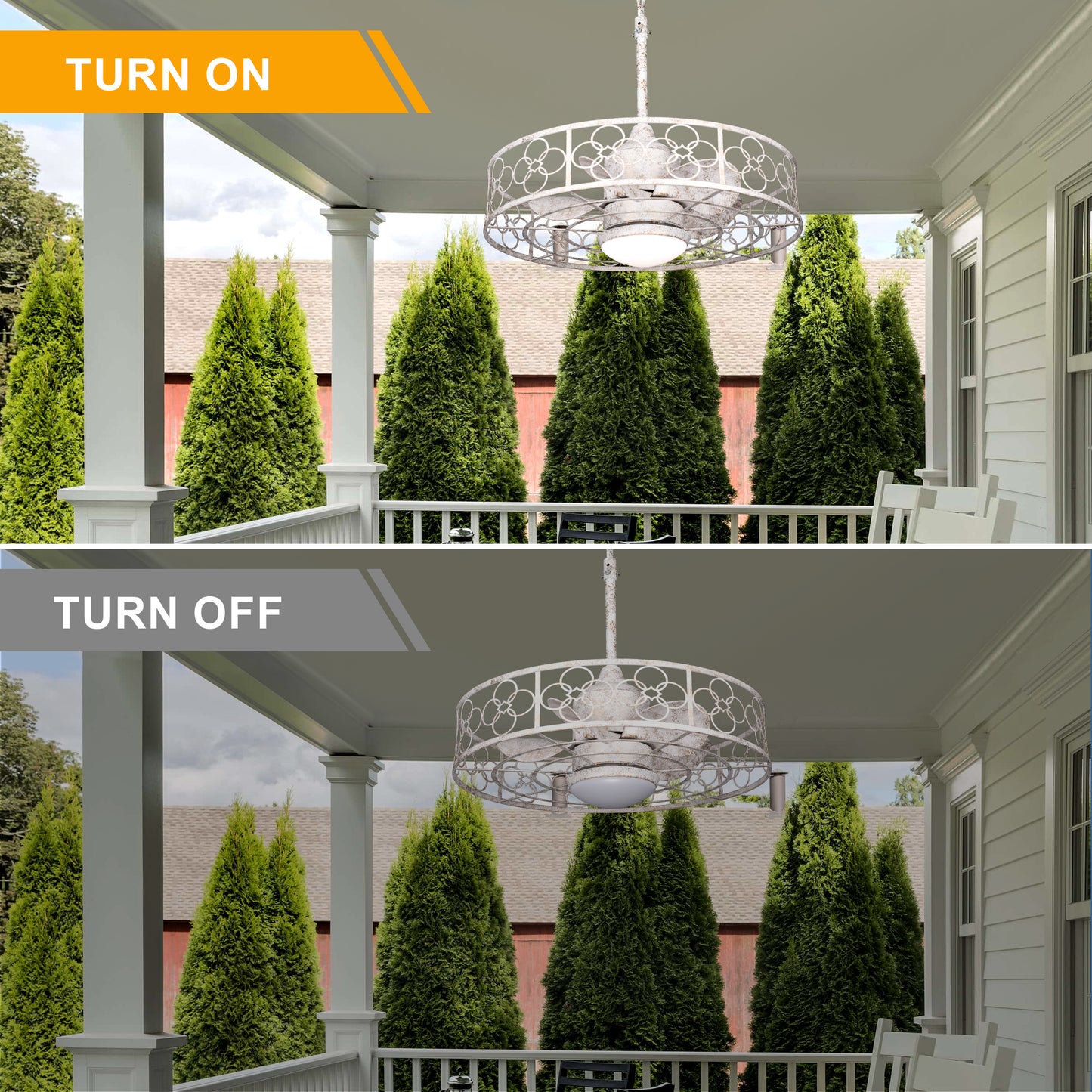 HW2036-BellaDepot 23.6" Distressed White Outdoor Ceiling Fan with Remote and LED Lights, DC Motor 6 Speeds Ceiling Fan