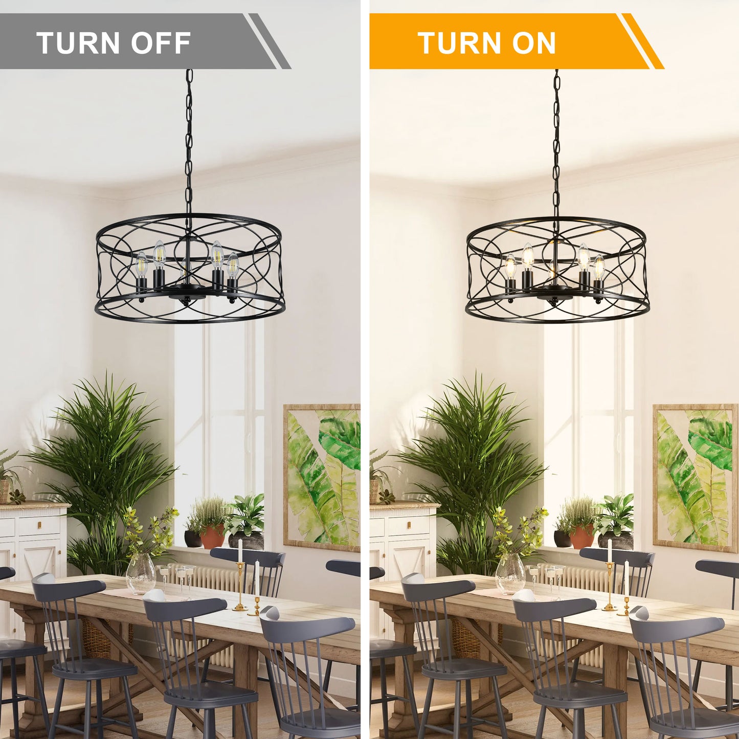 FC4078-5 Lights Black/Silver Finish Simple Linear Metal Caged Chandelier, Geometric Pendant Light with and Adjustable Chain