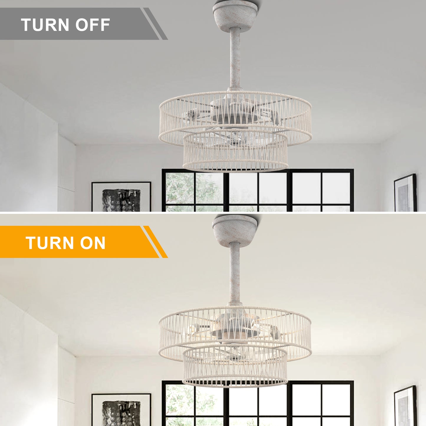 DC2030-BellaDepot 19.7" Hokkaido Distressed White Finish Simple Style Reversible Ceiling Fan with Remote and 4 Lights, 6-speed Bladeless Ceiling Fan