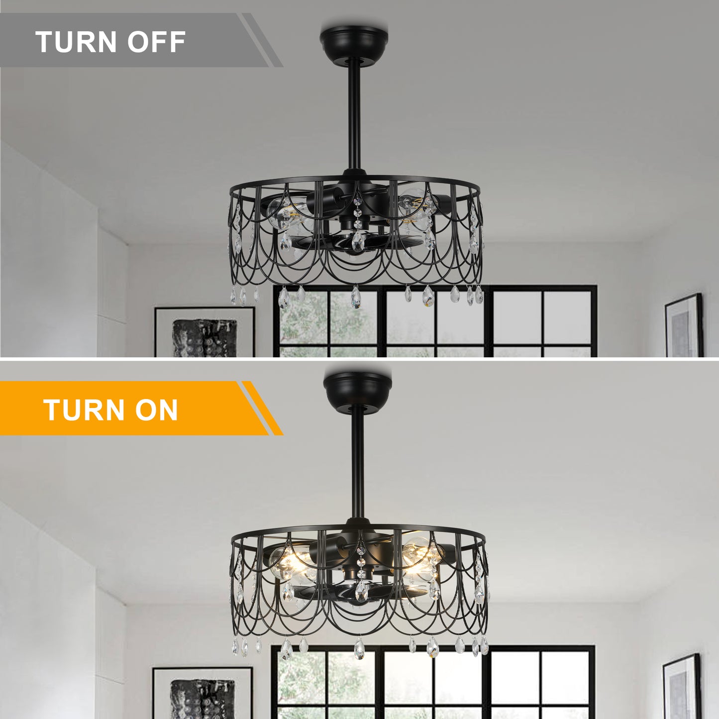 DC2105-20.8" Black/Silver Finish Luxury Crystal Reversible Ceiling Fan with Remote and 4 Lights, 6-speed Bladeless Ceiling Fan