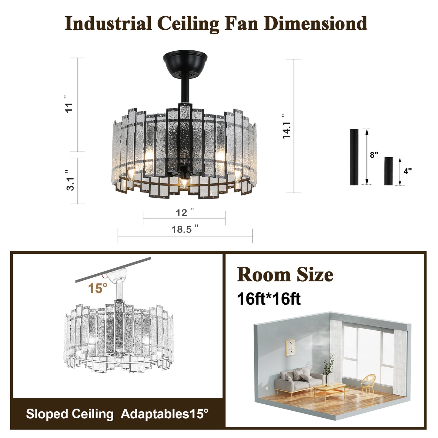 BD1901-BellaDepot 18.5" Modern Water Ripple Glass Reversible Ceiling Fan with Remote and 5 Lights