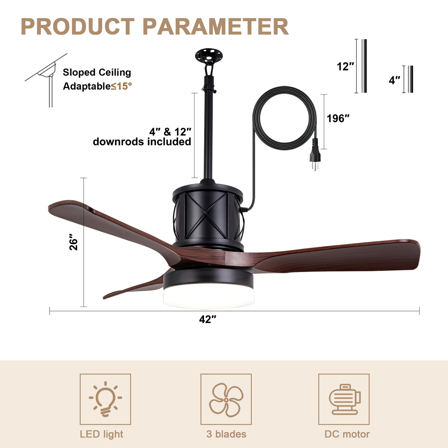 HW4202-GED-BellaDepot 24" Outdoor Modern Farmhouse LED Ceiling Fan with Remote Control, Plug in Ceiling Fan