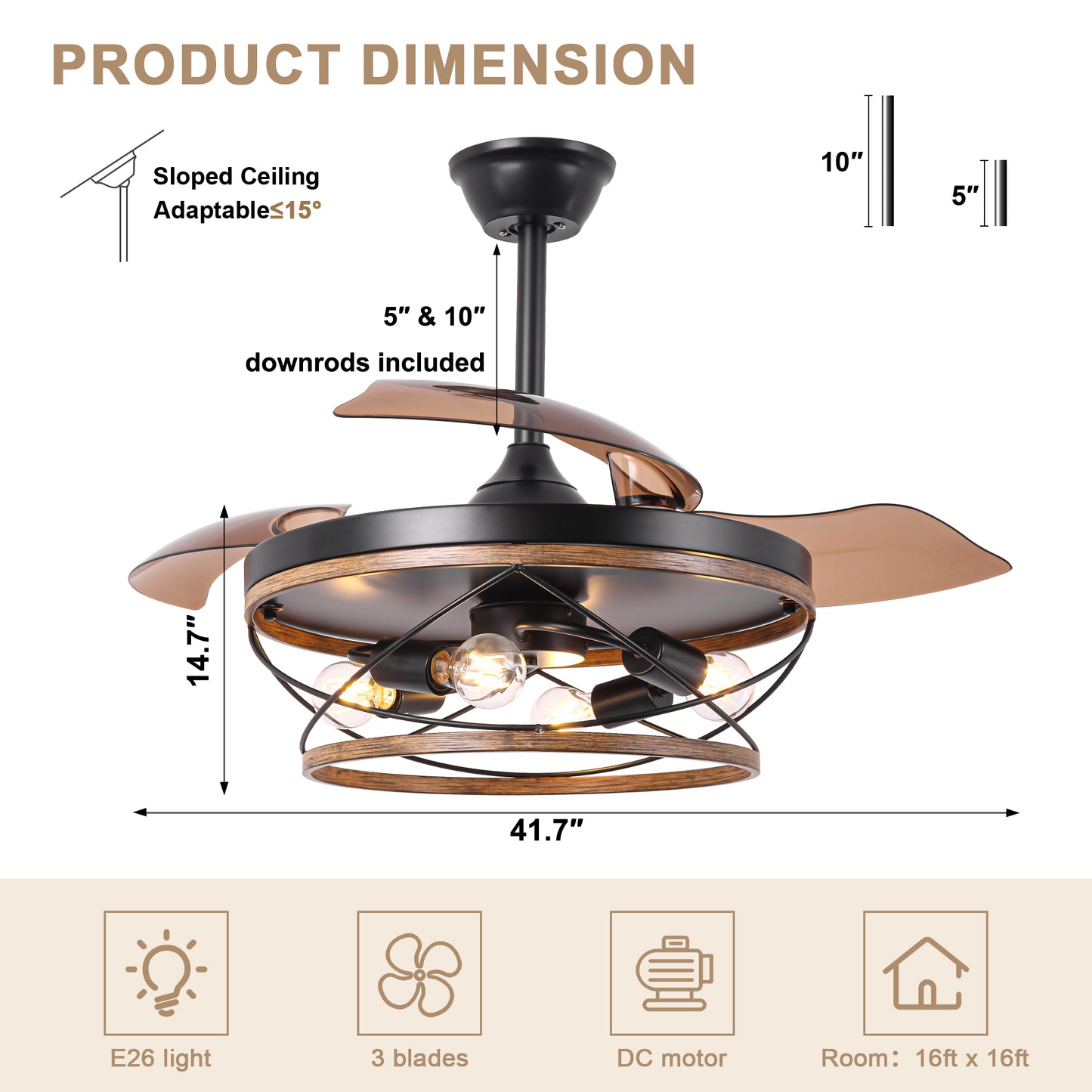 BellaDepot 42" Farmhouse Brown Retractable Ceiling Fan with Remote Control, Invisible Blades Ceiling Fan with Lights - DC4270
