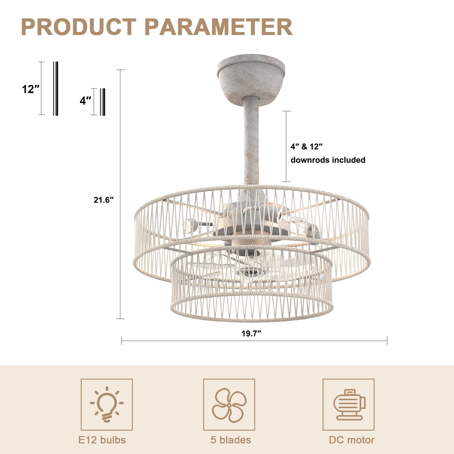 DC2030-BellaDepot 19.7" Hokkaido Distressed White Finish Simple Style Reversible Ceiling Fan with Remote and 4 Lights, 6-speed Bladeless Ceiling Fan