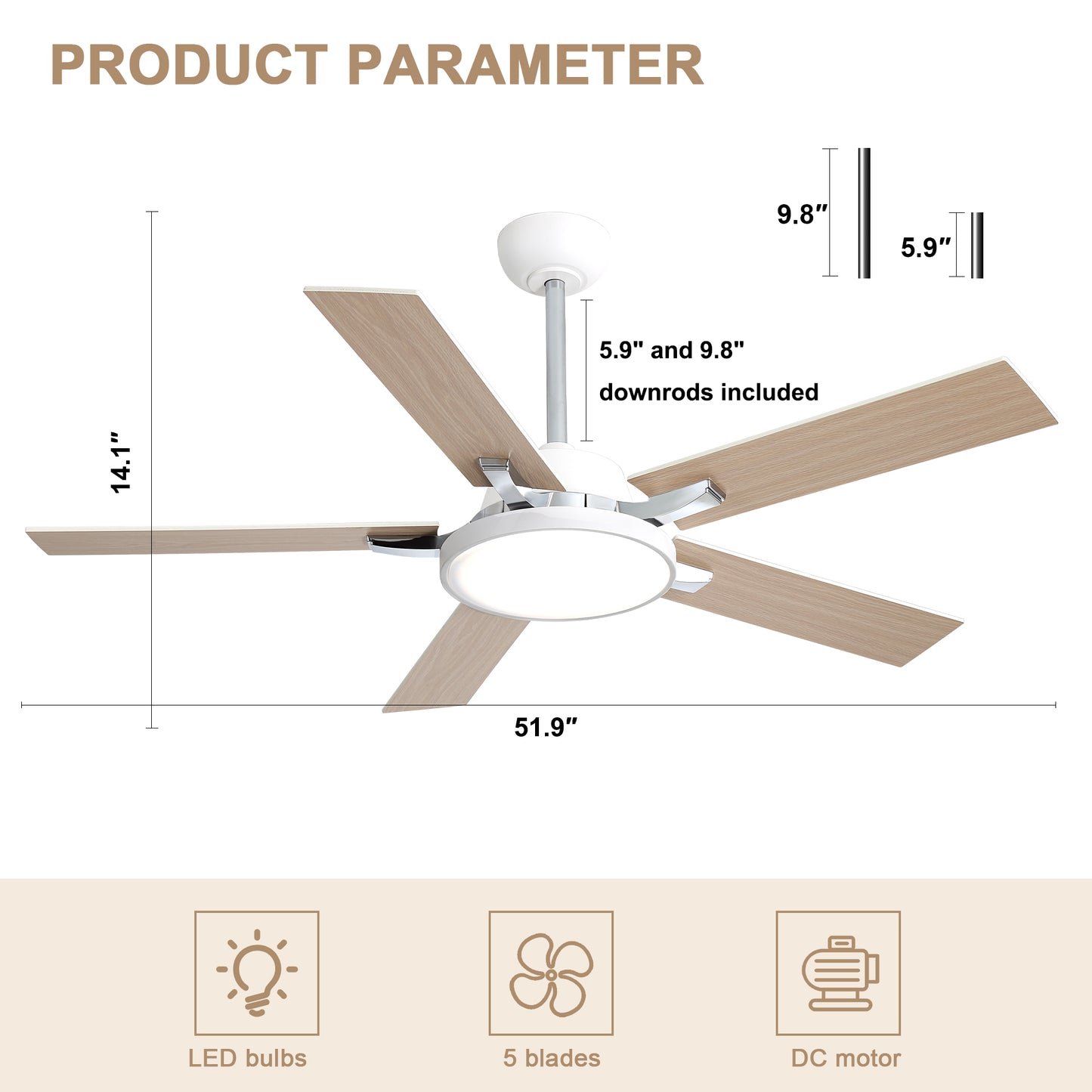 HWJ5220/5221/5222-52" 5 Wooden Blades Industrial Caged Reversible Ceiling Fan with Remote and LED Lights, Large Size 6-speed Ceiling Fan