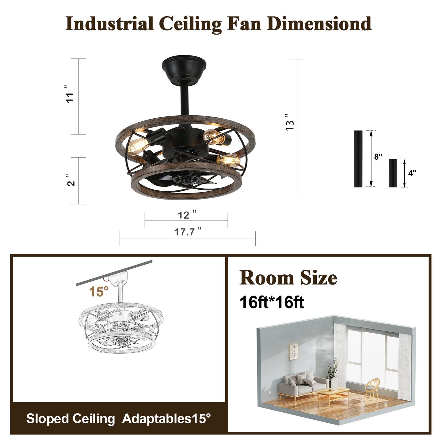 BD1815-17.7" Industrial Metal Caged Reversible Ceiling Fan with Remote and 4 Lights