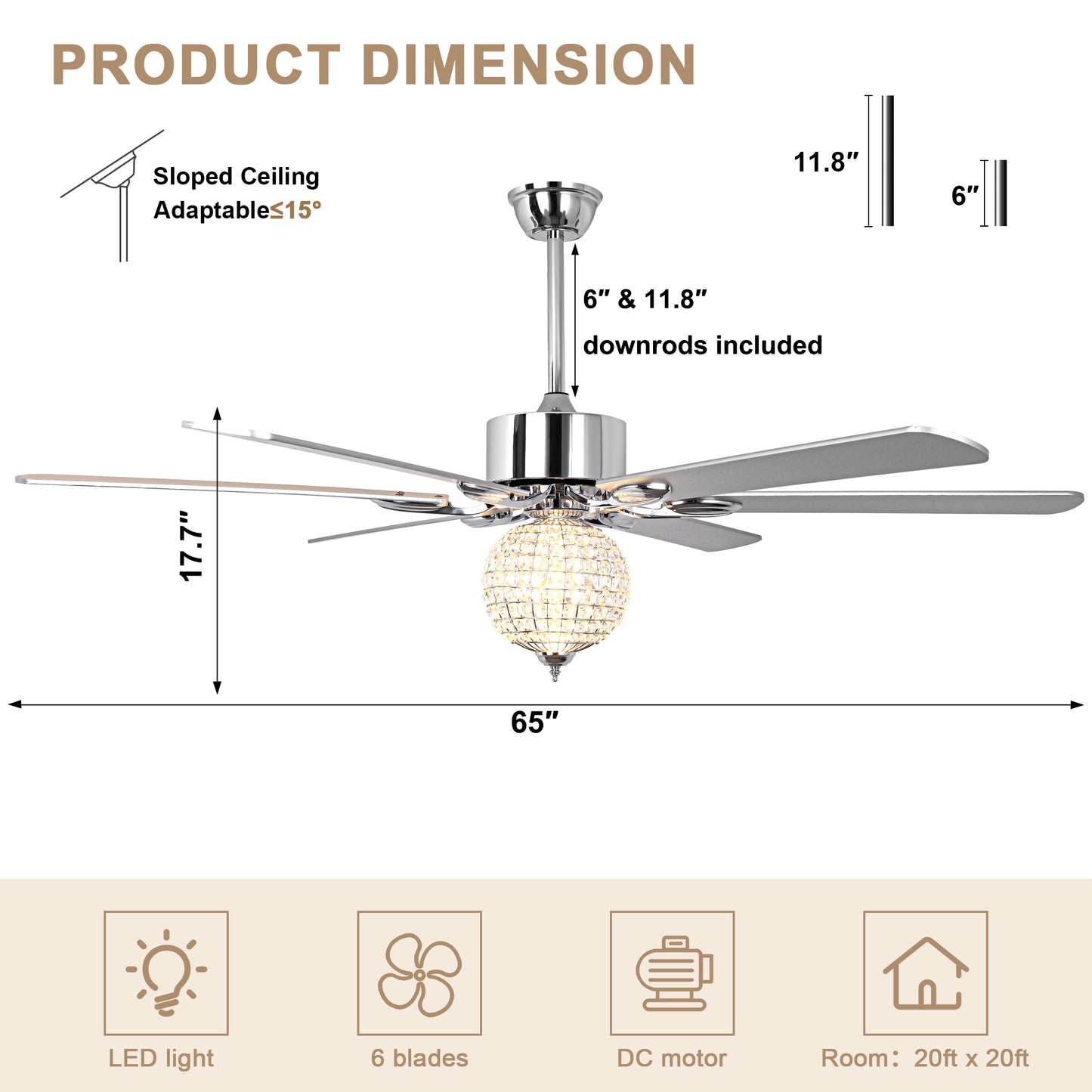 BellaDepot 65" Luxury Crystal Ball Chrome Large Size Ceiling Fan with Remote Control, Silent Motor 6 Speeds Straight Leaf Fan with LED Lights - DC6509