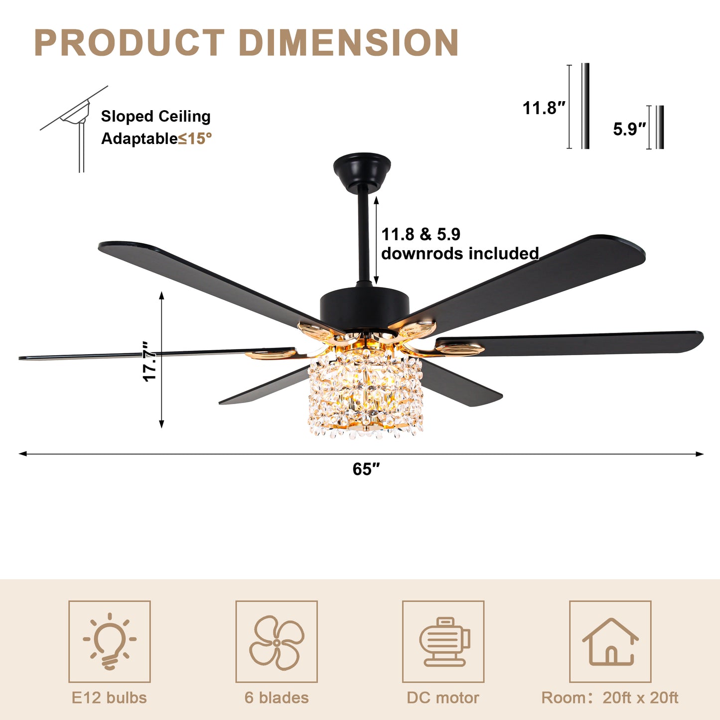 BellaDepot 65" Luxury Crystal Shape Flower Caged Ceiling Fan with Remote Control and 3 Lights, Black or Silver Silent Straight Leaf Fan for All Seasons - DC6510-B/C