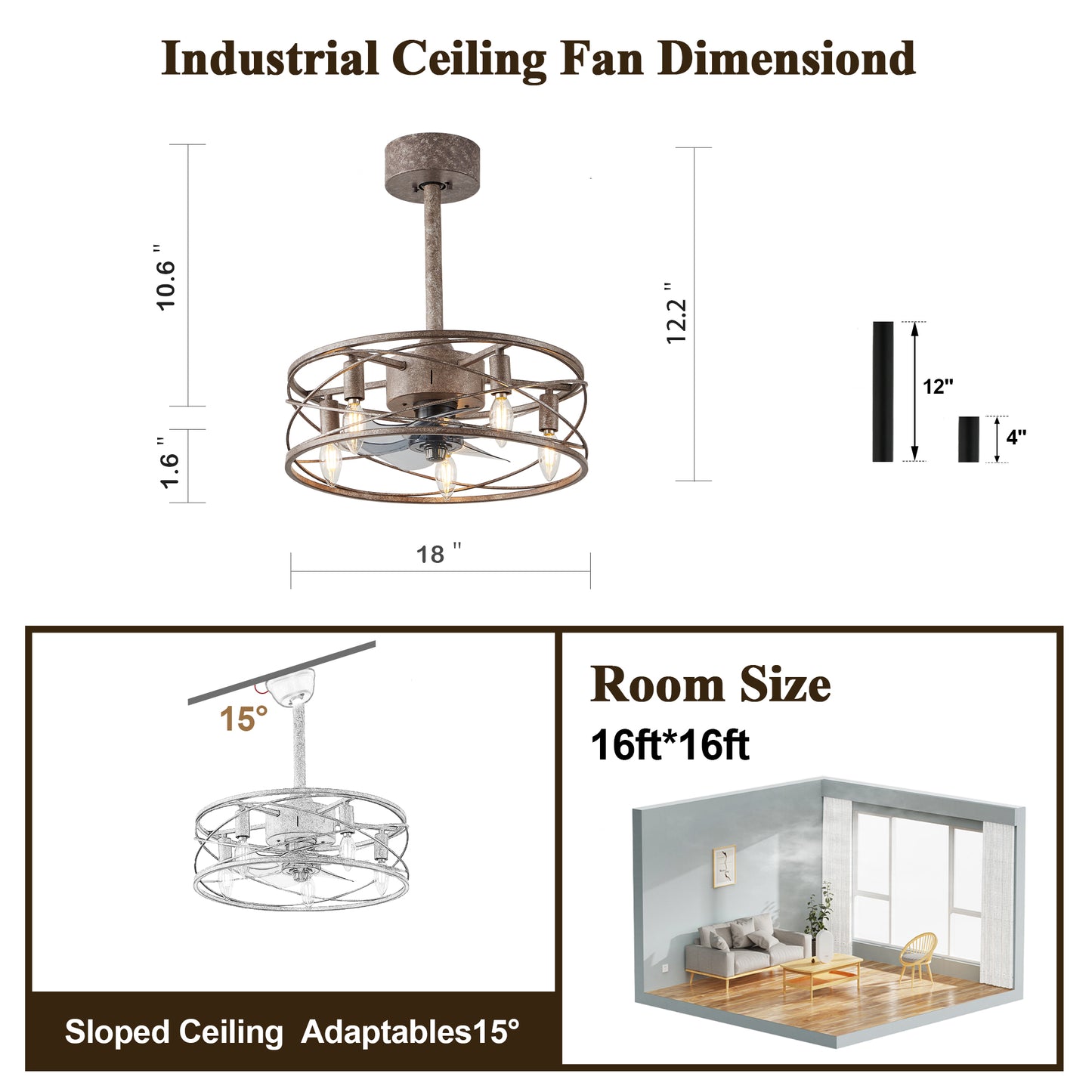 GED001-BellaDepot 18" Distressed Retro Reversible Caged Ceiling Fan with Remote and 5 Lights