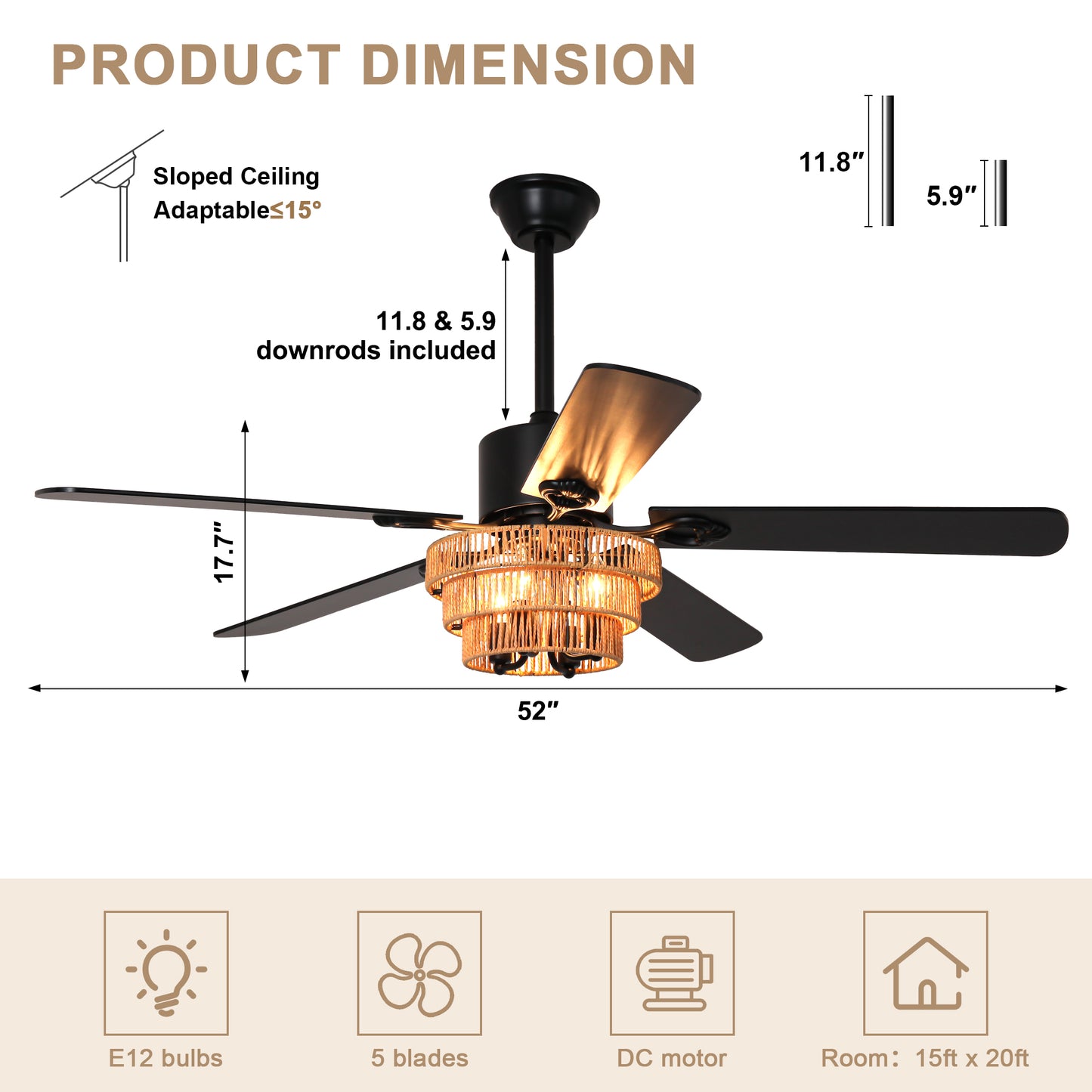 BellaDepot 52" Farmhouse Brown Rattan Caged Ceiling Fan with Remote Control, 5 Blades Standard Ceiling Fan with Lights - DC5221