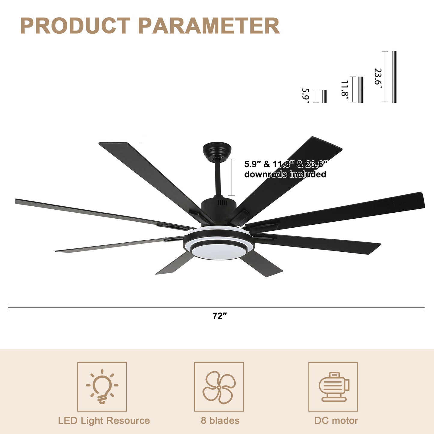 DC7206-BellaDepot 72" Black/Silver/Gold Finish Modern Urban Wood Reversible Ceiling Fan with Remote and LED Light Kit Included, Large Size Ceiling Fan