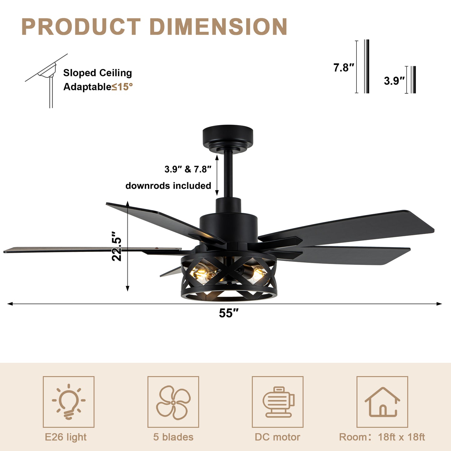 MD-FS8962XL-BellaDepot 52" Industrial Wood Grain Caged Ceiling Fan with Remote and Reversible Blades, Large Size 6-speed Ceiling Fan with Lights