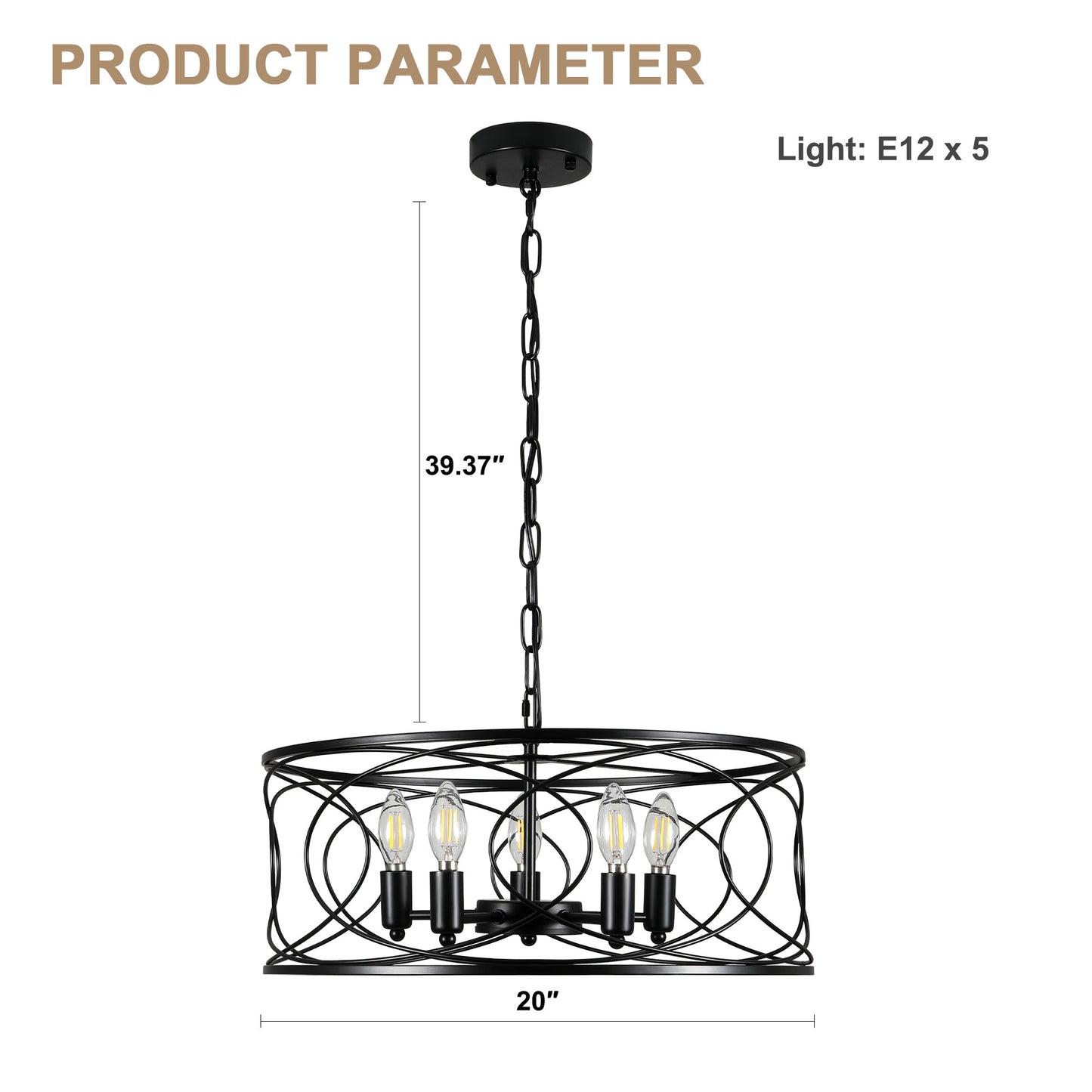 FC4078-5 Lights Black/Silver Finish Simple Linear Metal Caged Chandelier, Geometric Pendant Light with and Adjustable Chain