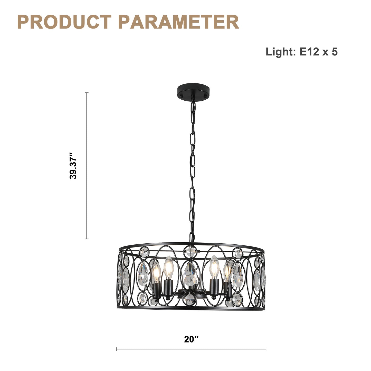 FC4086-5 Lights Black/Silver Finish Glamorous Crystal Geometric Chandelier, Height Adjustable Iron Pendant Light