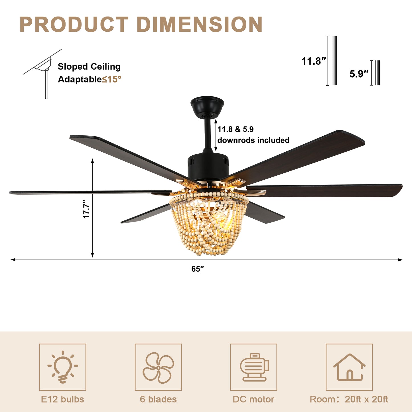 BellaDepot 65" Wood Bead Cottage Large Size Ceiling Fan with Remote Control, Silent Motor 6 Speeds Straight Leaf Fan with 3 Lights - DC6508