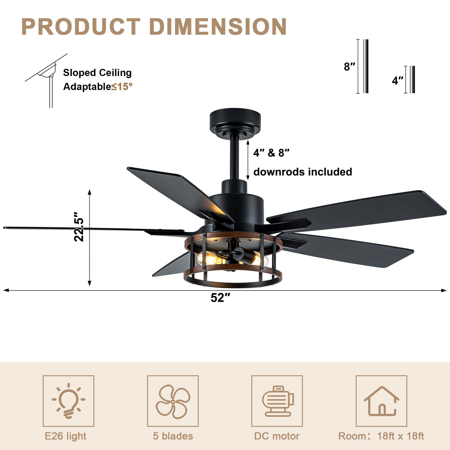 DC255204-B-BellaDepot Wood Grain 6 Speeds Ceiling Fan with Reversible Blades and Downrods, Remote-controlled Large Size Fan Lights