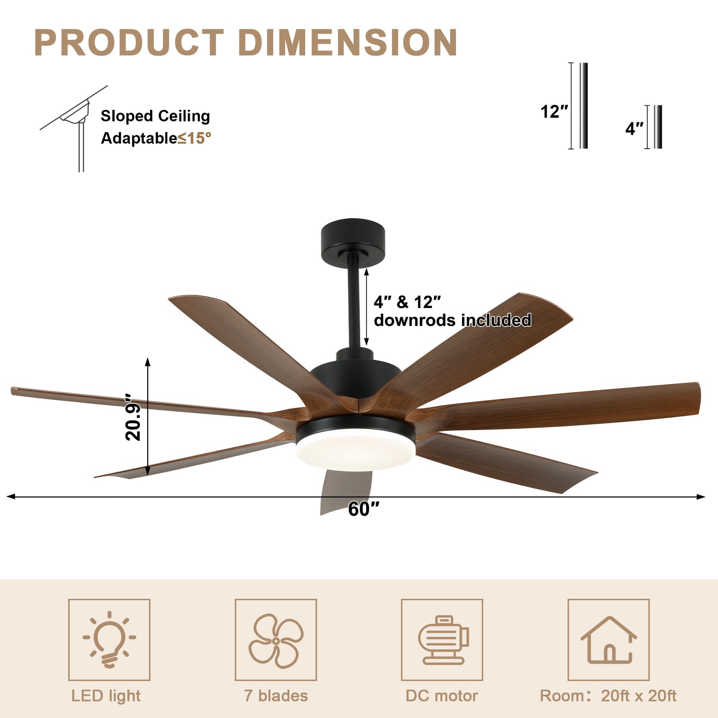 DC256002-BellaDepot 60 Inch Smart Remote-controlled Stylish Design Fan Lights with Remote Control and LED, Office Ceiling Fan
