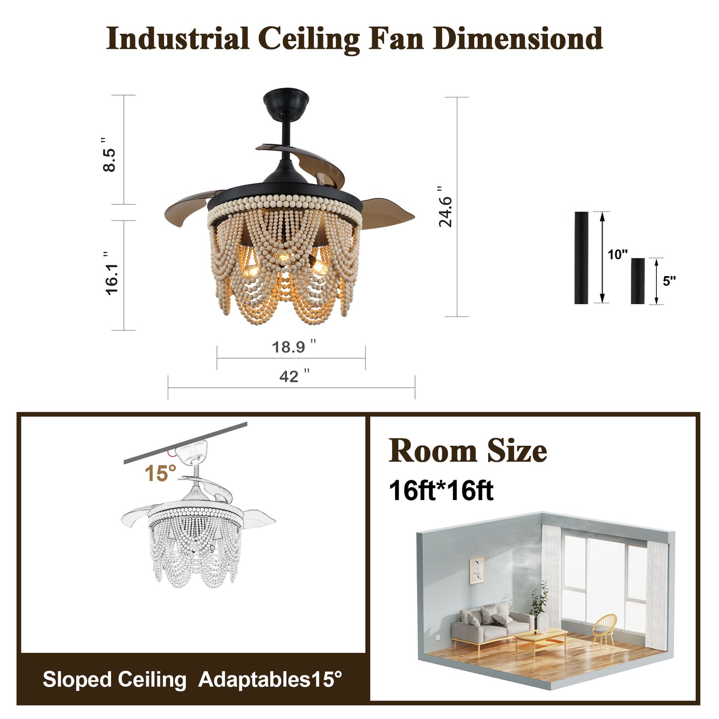 DC4265-BellaDepot 42" Gold/Black/White Retractable Reversible Ceiling Fan with Remote and 3 Lights
