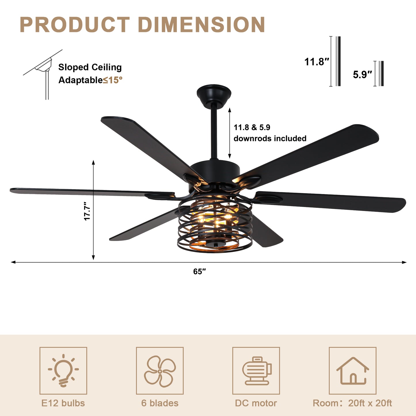 BellaDepot 65" Farmhouse Industrial Brown Large Size Ceiling Fan with Remote Control, Silent Motor 6 Speeds Straight Leaf Fan with 3 Lights - DC6507