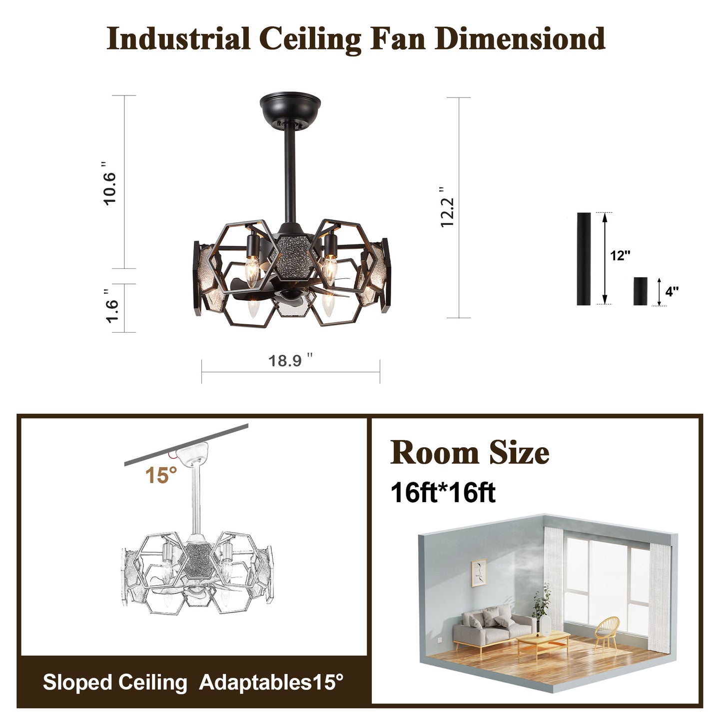 DC1903-BellaDepot 18.9" Gold/Black/Silver Finish Geometric Reversible Ceiling Fan with 6 Lights and Remote