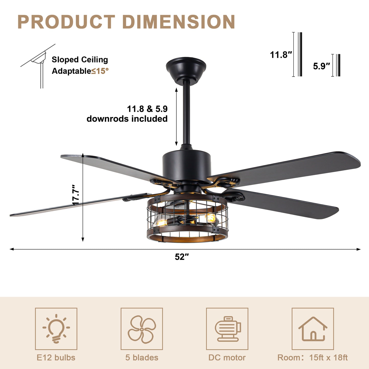 BellaDepot 52" Farmhouse Brown Caged Ceiling Fan with Remote Control, 5 Blades Standard Ceiling Fan with Lights - DC5220