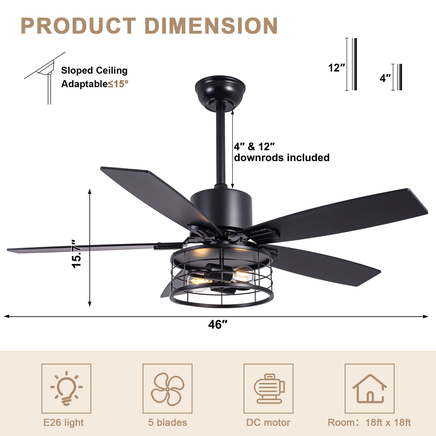 DC254601-BellaDepot 46" Industrial Matte Black Ceiling Fan, Reversible 6-speed Fan with Lights, Remote-controlled Fan