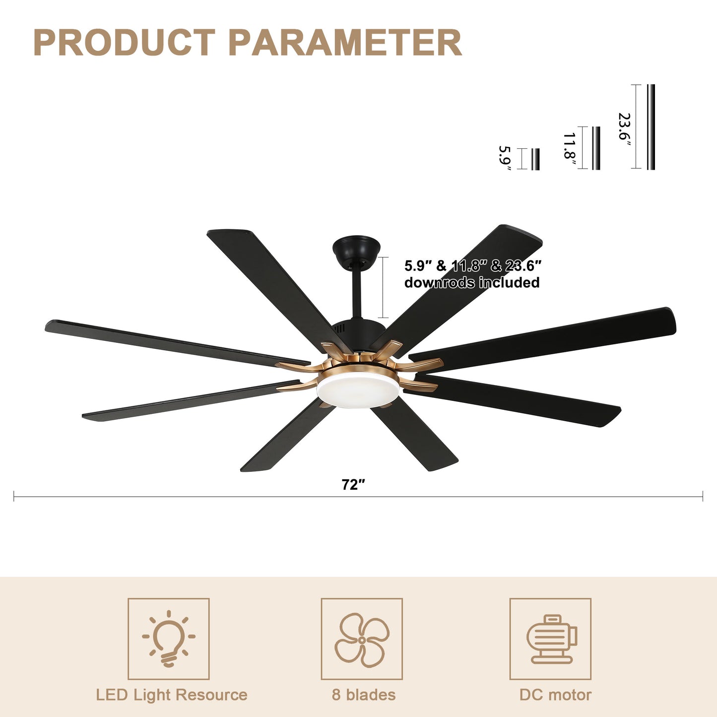 DC7203-72" 8 Blades Black/Silver Finish Modern Urban Reversible Ceiling Fan with Remote and LED Light Kit Included, Large Size Dimmable Ceiling Fan