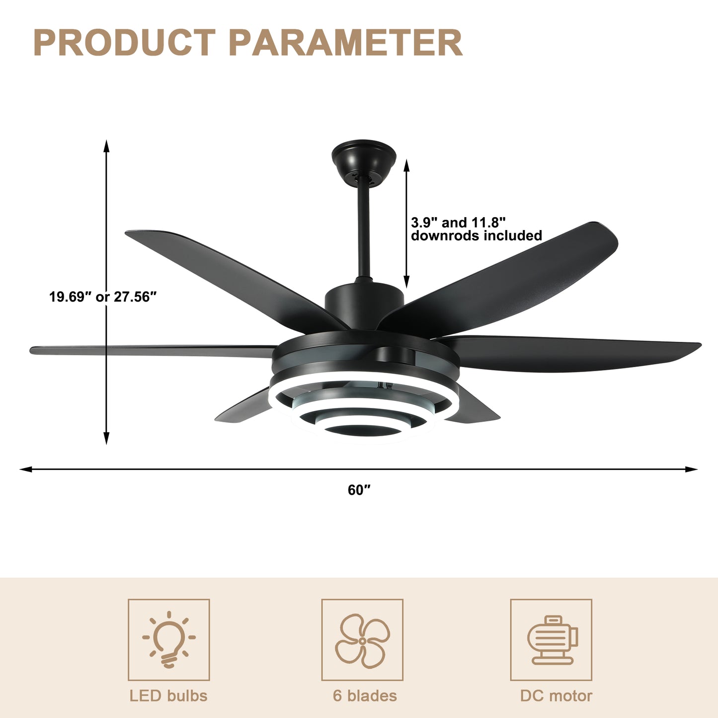 GED5614-BellaDepot 56" Modern Contemporary Black LED Ceiling Fan, 6 Speeds Ceiling Fan with Light Remote Control for All Seasons