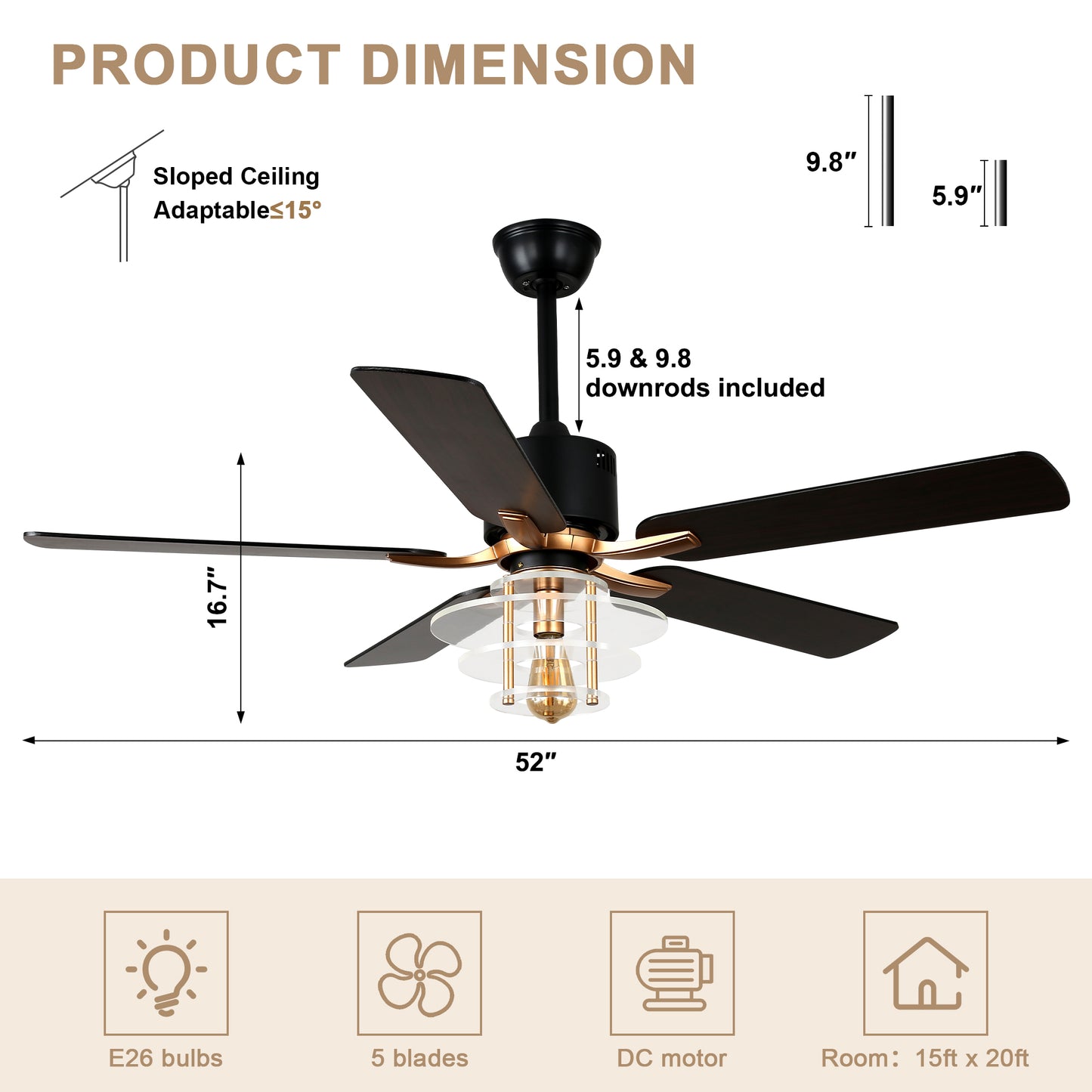 BellaDepot 52" Modern Black or Chrome Acrylic Shade Ceiling Fan with Remote Control, 5 Blades Standard Ceiling Fan with Lights - DC5222-B/C