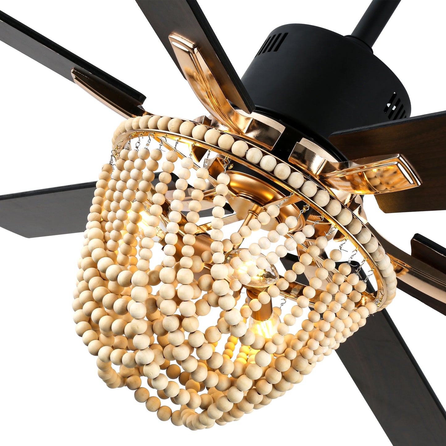 BellaDepot 65" Wood Bead Cottage Large Size Ceiling Fan with Remote Control, Silent Motor 6 Speeds Straight Leaf Fan with 3 Lights - DC6508