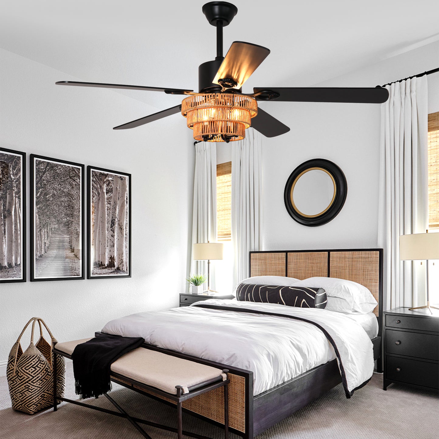 BellaDepot 52" Farmhouse Brown Rattan Caged Ceiling Fan with Remote Control, 5 Blades Standard Ceiling Fan with Lights - DC5221
