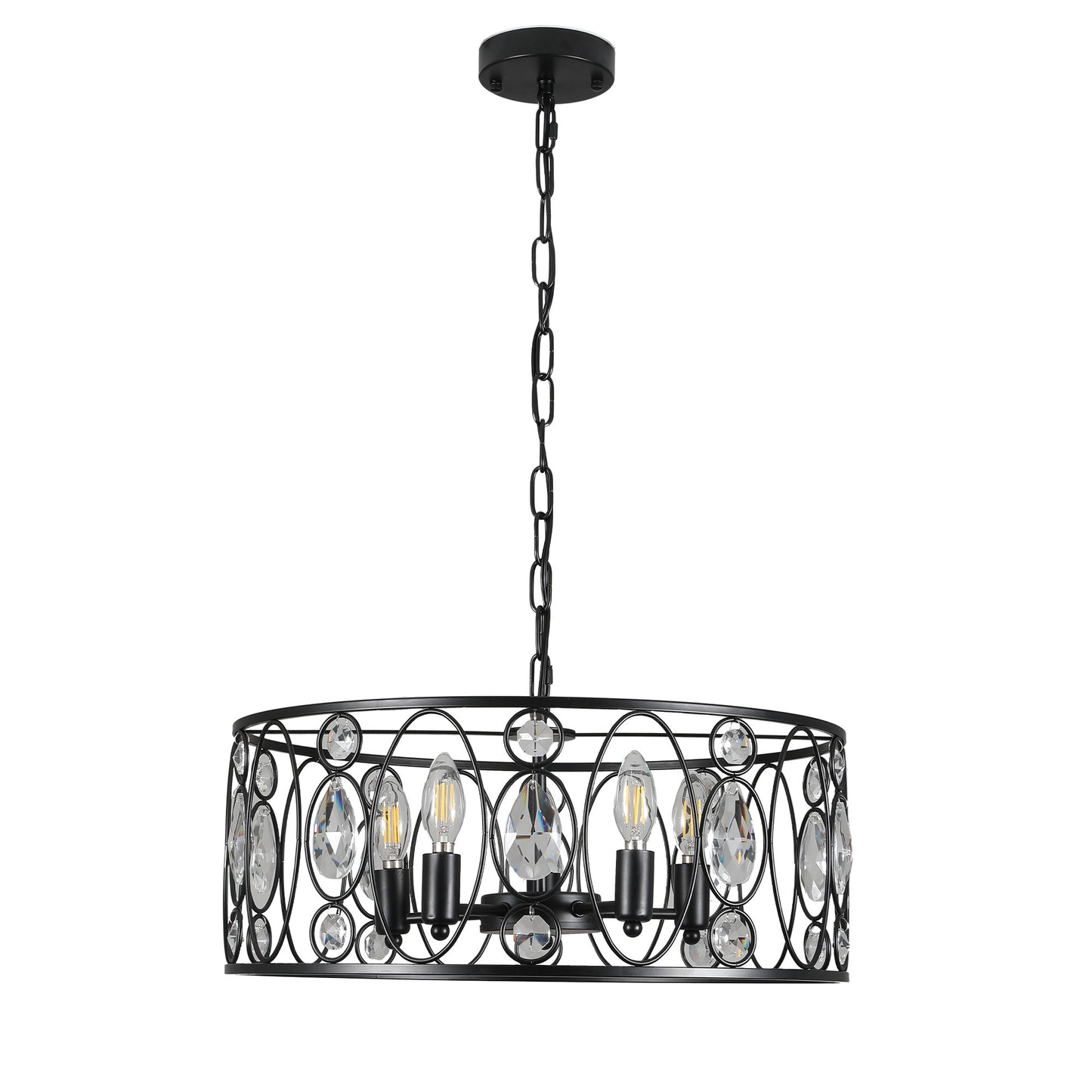 FC4086-5 Lights Black/Silver Finish Glamorous Crystal Geometric Chandelier, Height Adjustable Iron Pendant Light