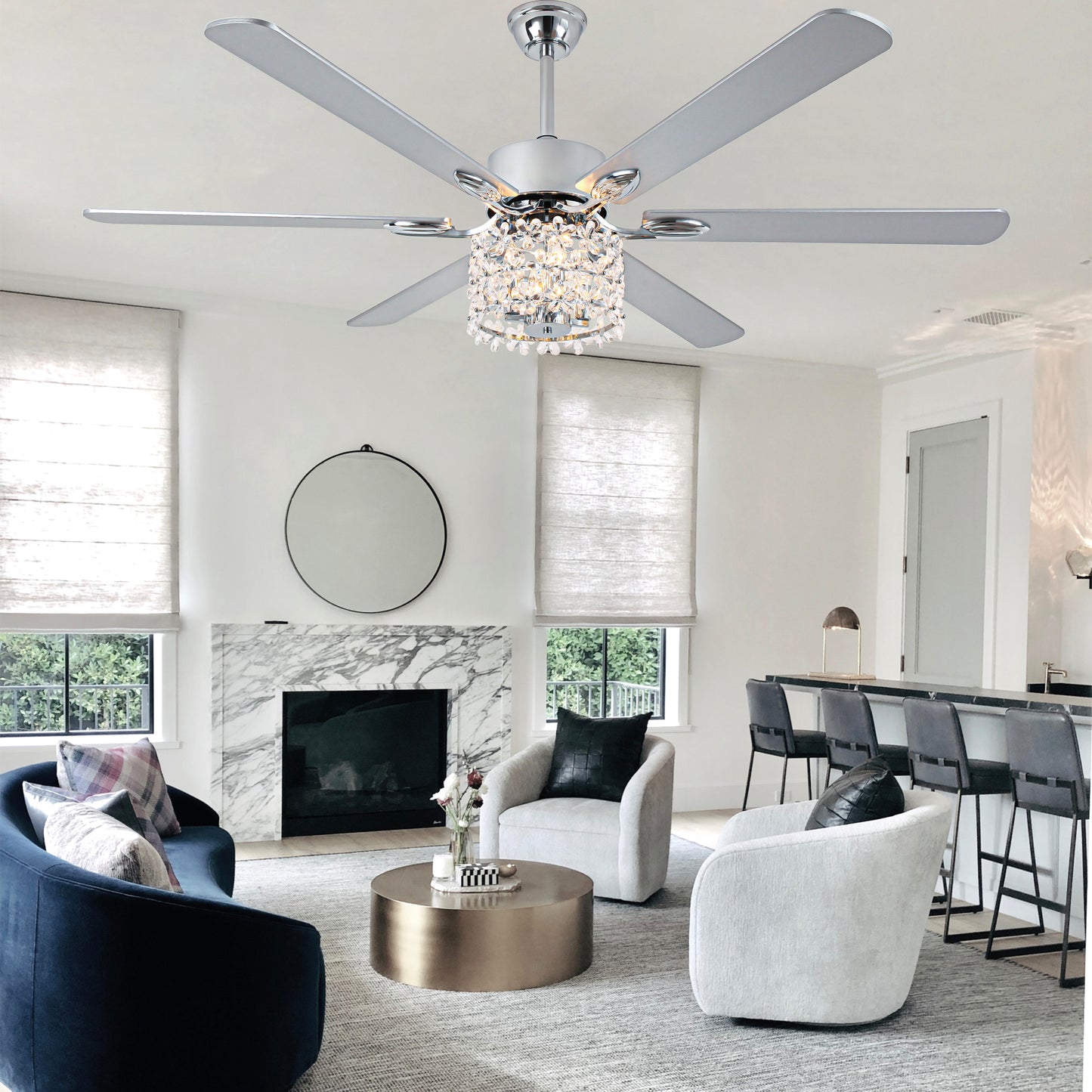 BellaDepot 65" Luxury Crystal Shape Flower Caged Ceiling Fan with Remote Control and 3 Lights, Black or Silver Silent Straight Leaf Fan for All Seasons - DC6510-B/C