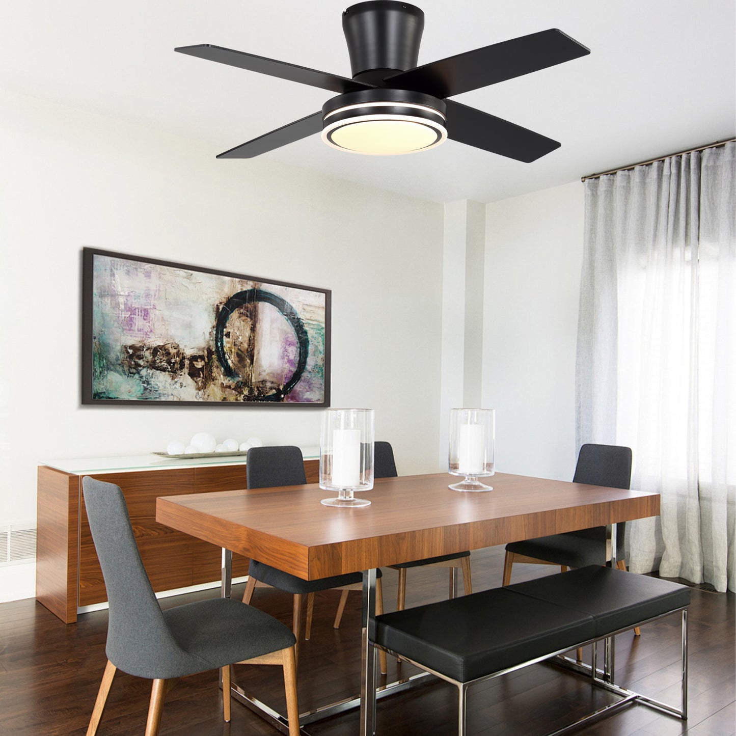 DC4401-B/C-BellaDepot 44" Modern Contemporary Silver or Black LED Ceiling Fan with Remote and Lights, Standard Flush Mount Ceiling Fan for Living Room