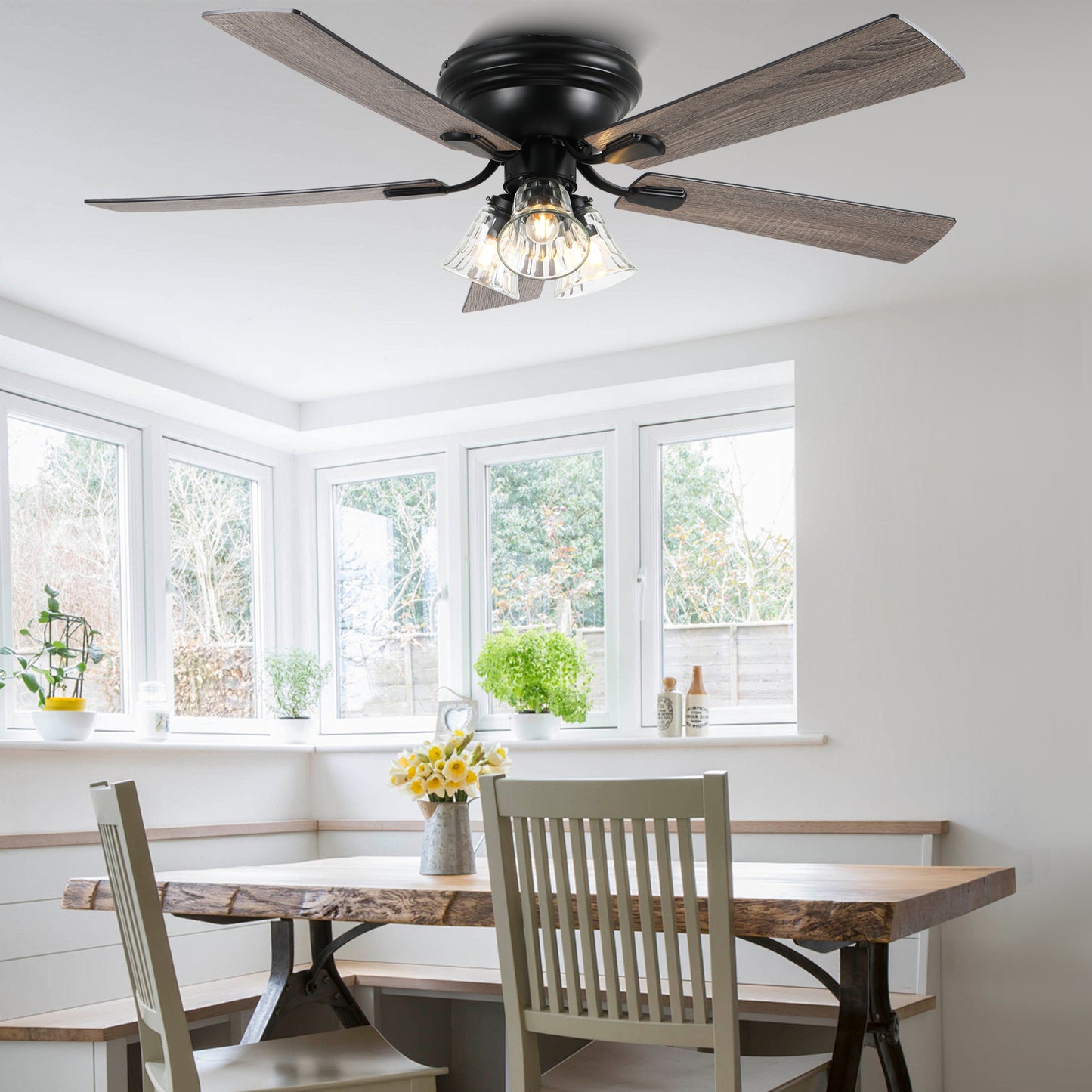 DC5215GED-BellaDepot 52" 5 Wooden Blades Retro Reversible Flush Mounted Ceiling Fan with Remote and Lights, 6-speed Large Size Ceiling Fan