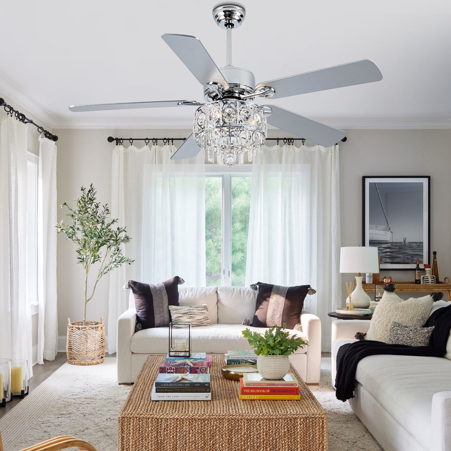 BD2064-52" Silver Finish Deluxe Crystal Reversible Ceiling Fan with 3 Lights and Remote