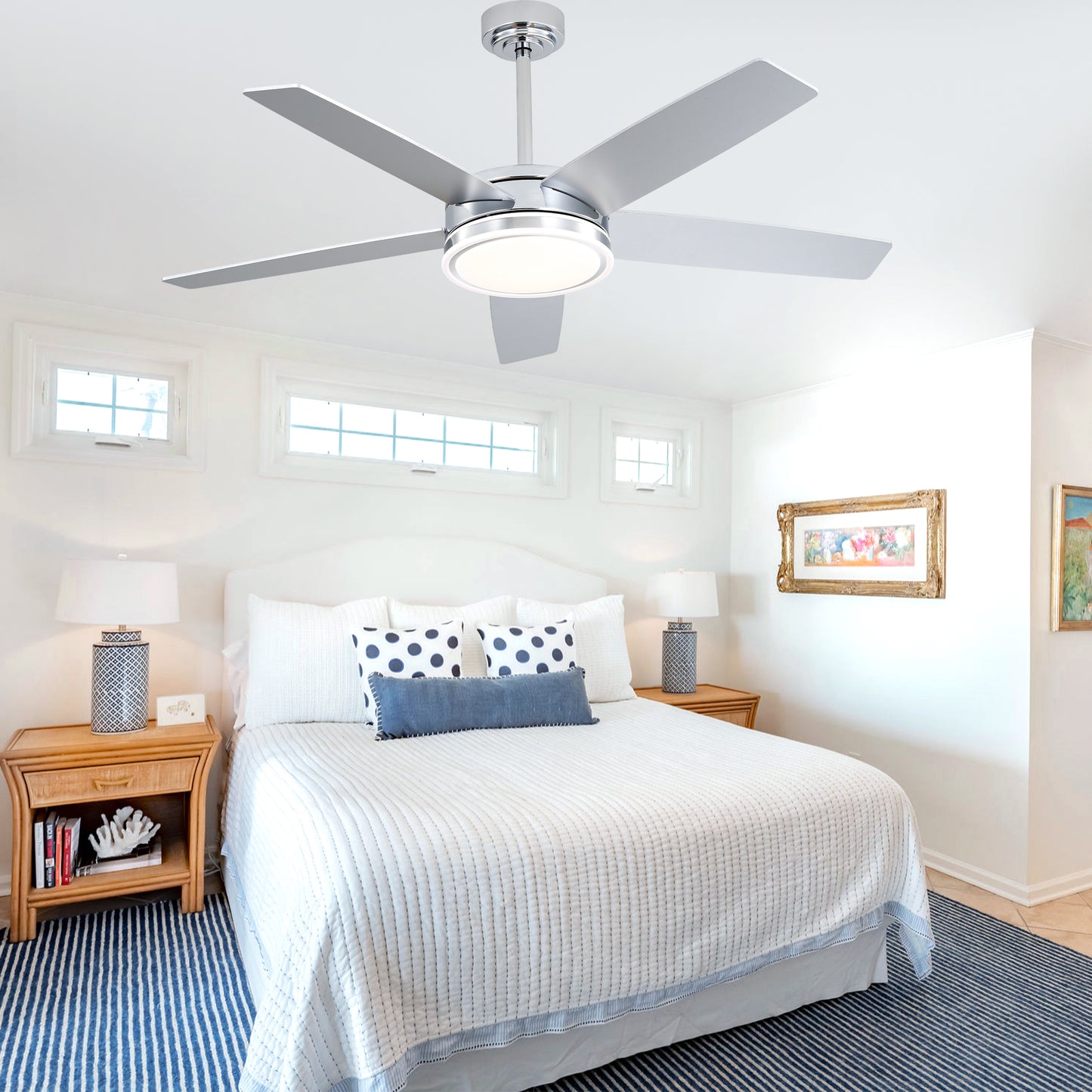 BellaDepot 52" Modern Contemporary Black or Chrome LED Ceiling Fan with Remote Control and Lights, Reversible 6 Speeds Ceiling Fan for All Seasons - DC5225-B/C