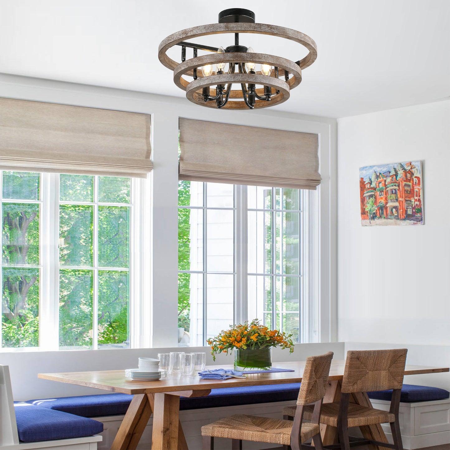 FC4111-BellaDepot Lights Classic Wood Chandelier, Height Adjustable Home Decoration Pendant Light