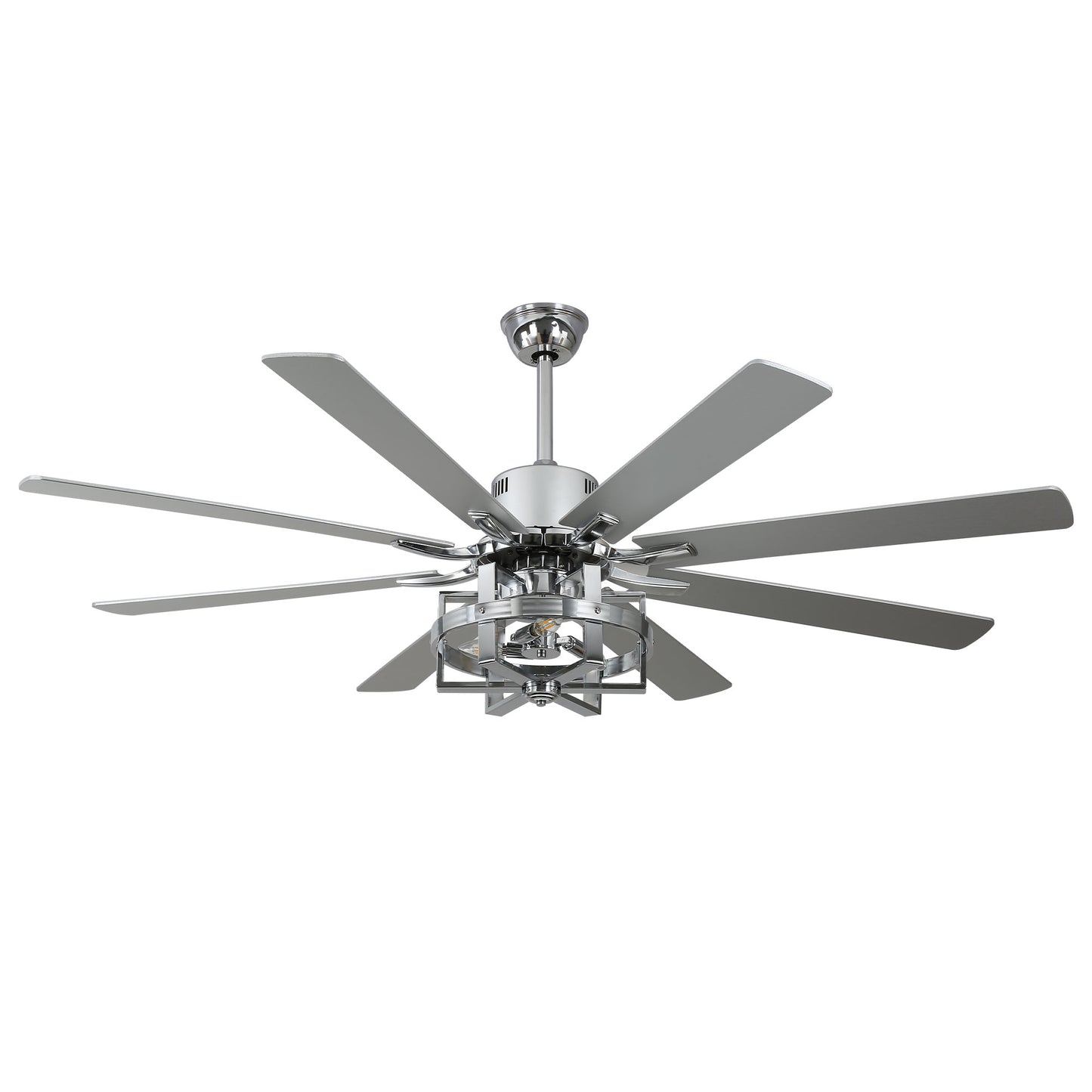 DC6501-BellaDepot 65" 8 Wooden Blades Black/Silver Finish Industrial Caged Reversible Ceiling Fan with Remote and 3 Lights, Large Size 6-speed Ceiling Fan