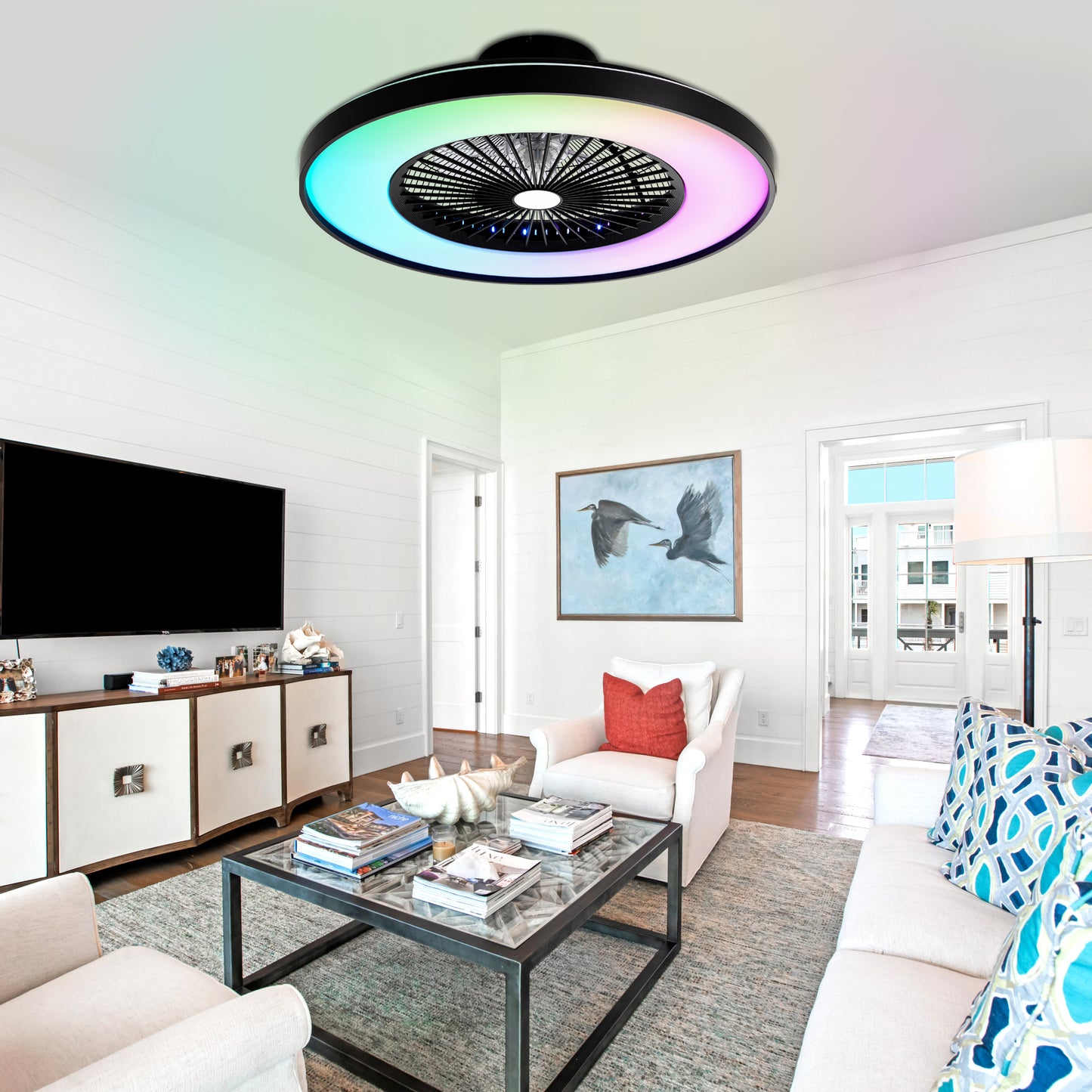 HWJ2310-23" RGB Flush Mount Smart Ceiling Fan with Remote Control, Bedroom Fan Lights with 6 Wind Speeds