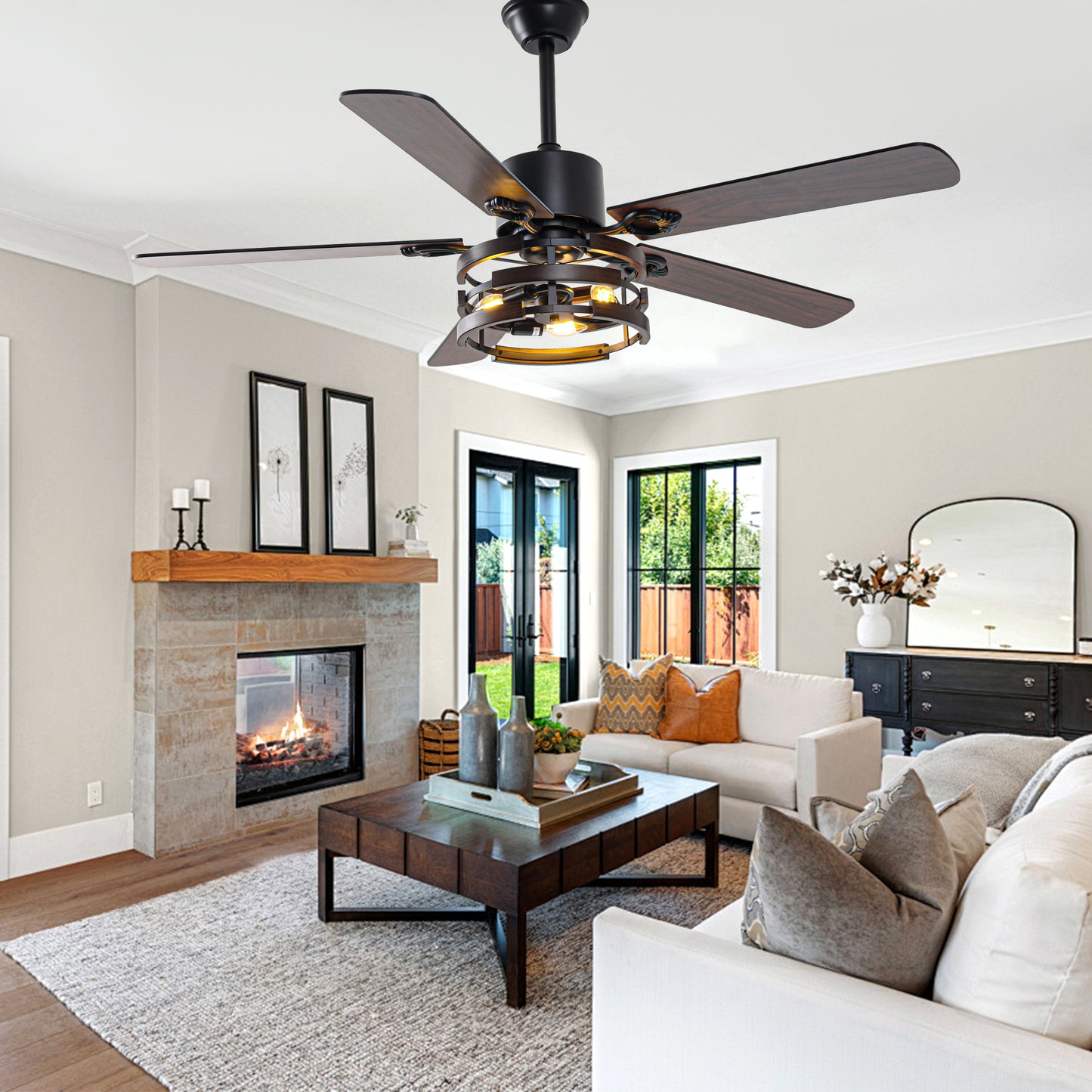 BellaDepot 52" Farmhouse Industrial Brown Ceiling Fan with Remote Control, 6 Speeds Ceiling Fan with Lights for Living Room- DC5224