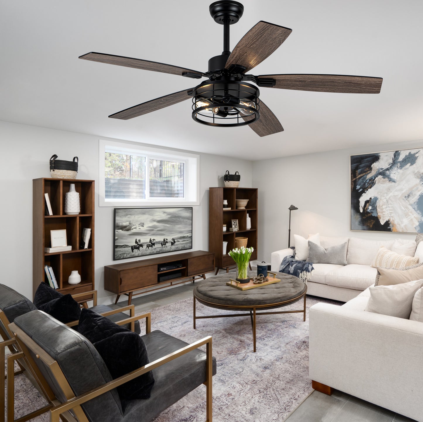 MD-FS8930XL-BellaDepot 52" Industrial Metal Caged Fan Lights with Remote Control, Silent DC Motor Ceiling Fan for Any Seasons
