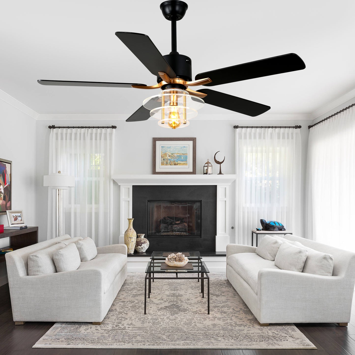 BellaDepot 52" Modern Black or Chrome Acrylic Shade Ceiling Fan with Remote Control, 5 Blades Standard Ceiling Fan with Lights - DC5222-B/C