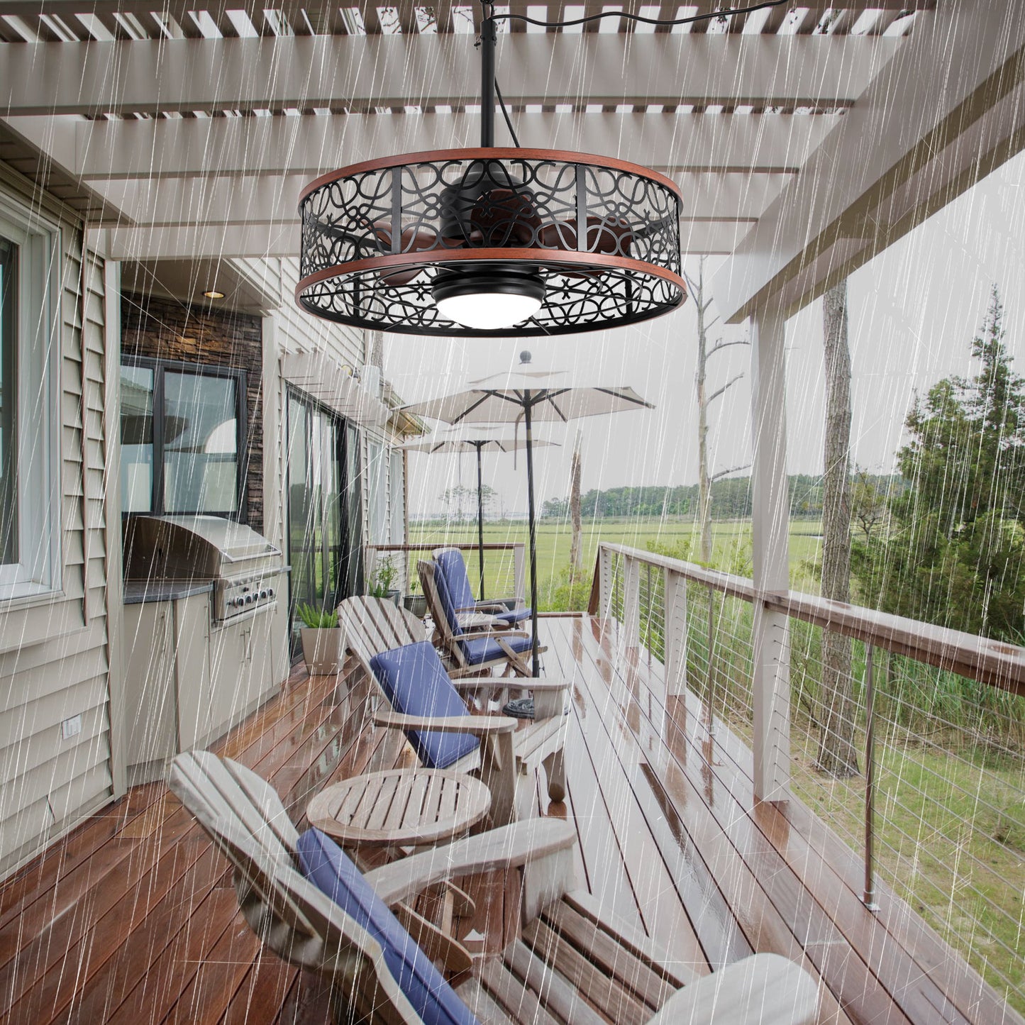HW2310-GED-BellaDepot 24" Outdoor Iron Carving Caged Ceiling Fan with Remote Control, DC Motor 6 Speeds Fan with LED Lights