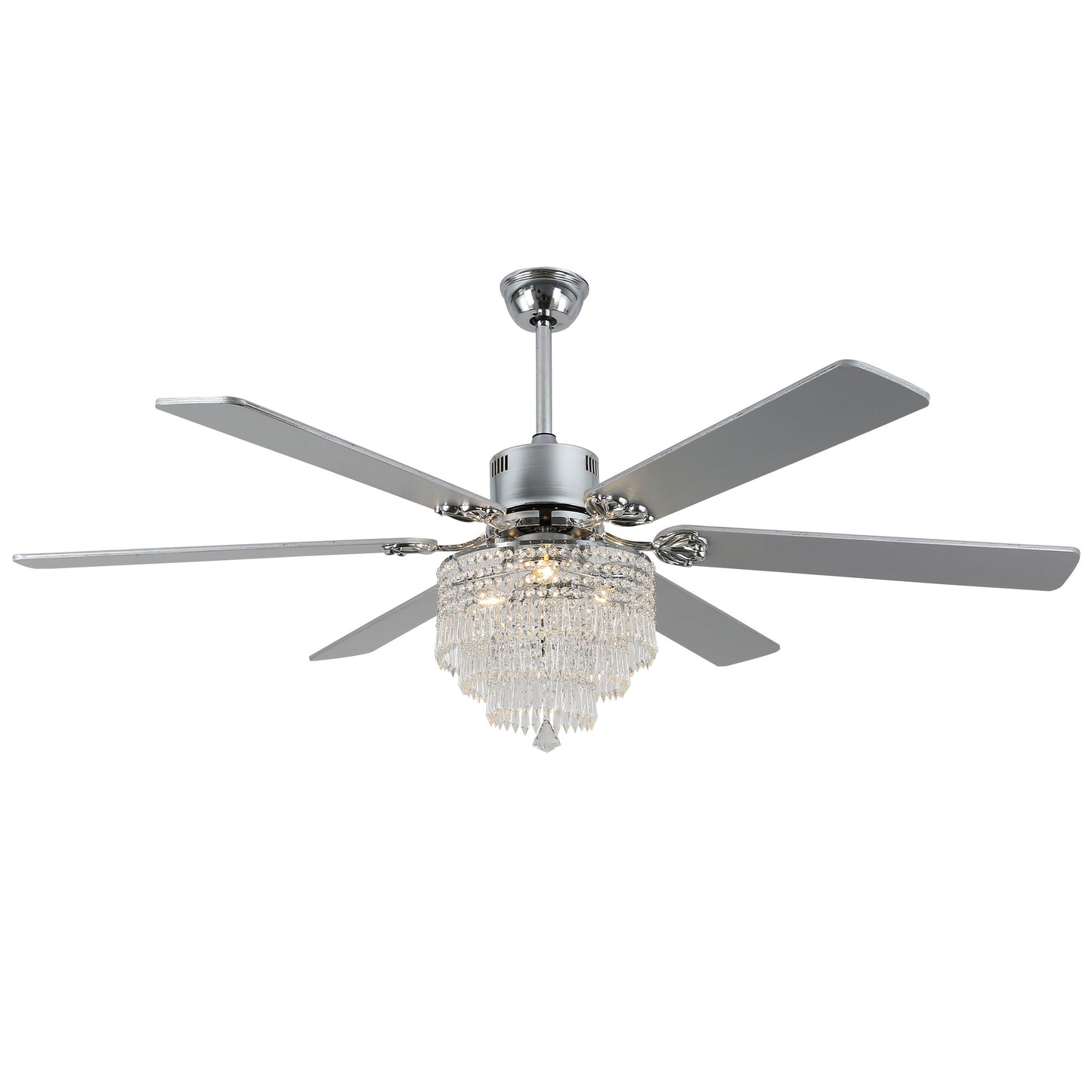 DC6502-65" Black/Silver Finish Metal Crystal Wooden Reversible Ceiling Fan with Remote and 3 Lights, Large Size Ceiling Fan